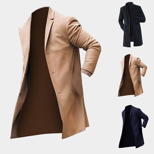Trench-coat long pour homme, veste classique, couleur unie, coupe slim