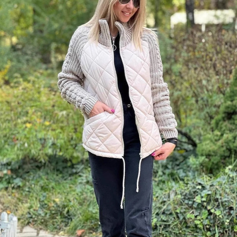 Veste en coton à col montant avec poches, manteau tendance en tricot avec fermeture éclair, hauts chauds d'hiver pour femmes