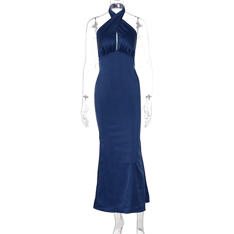 Robe élégante sans manches dos nu à la mode estivale tissu satinde couleur unie,  simplement magique robe longue.