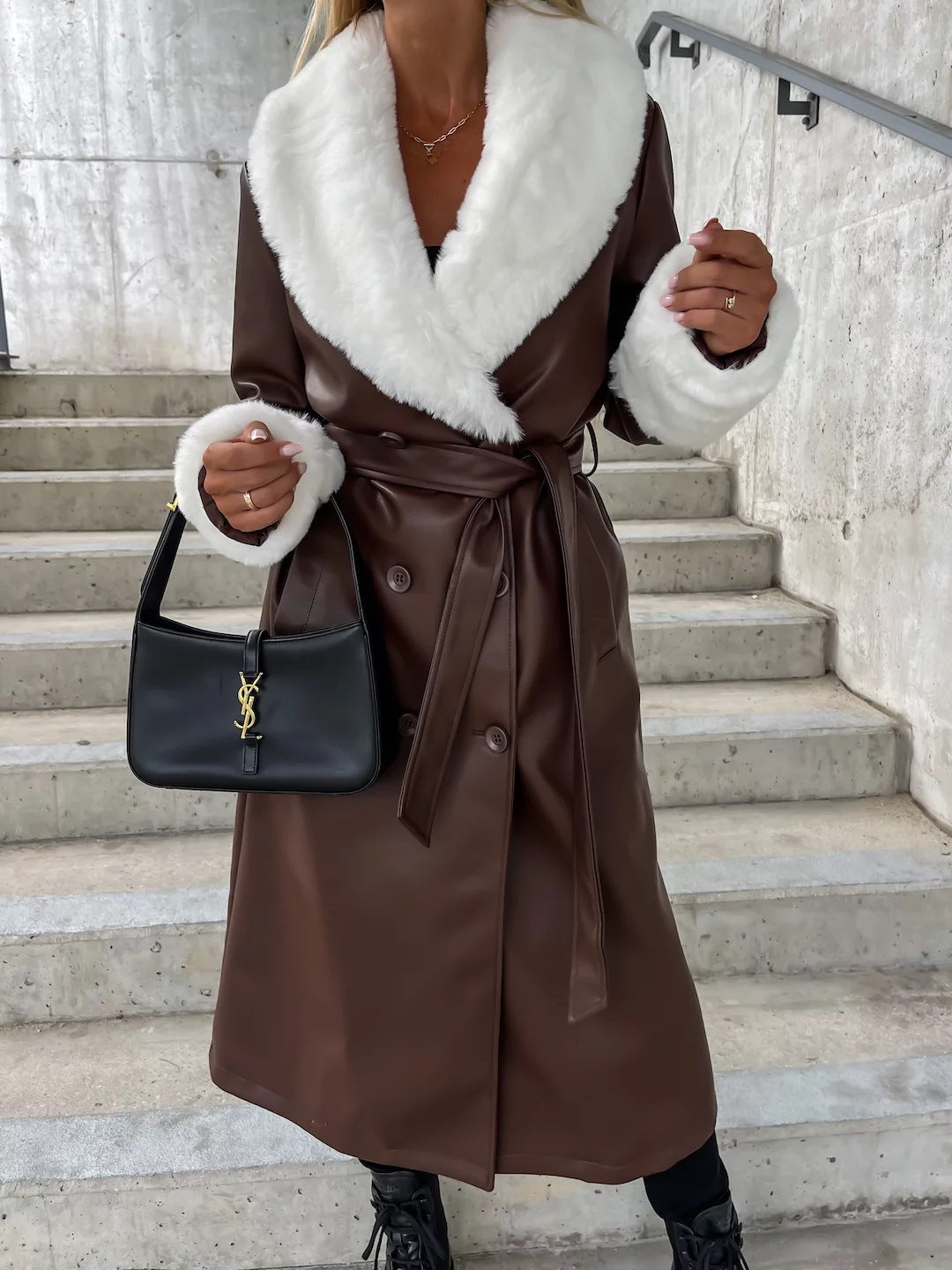 Manteau en cuir ample à lacets, col en fourrure et poches, style décontracté mode pour femme