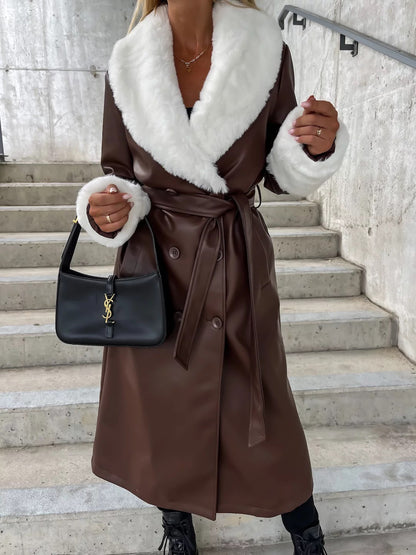 Manteau en cuir ample à lacets, col en fourrure et poches, style décontracté mode pour femme