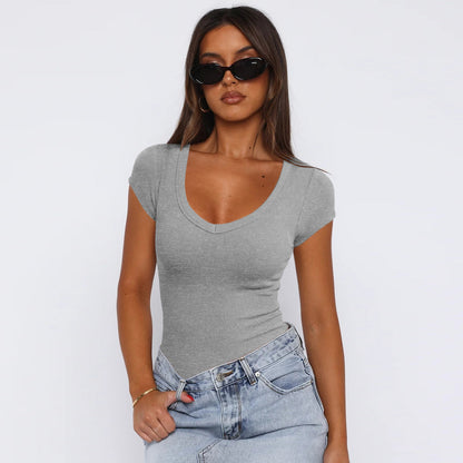 Womens Ribbed Pullover Solid Color Versatile And Stylish Short Sleeves
