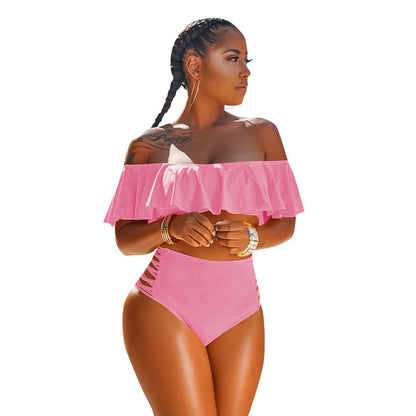 European And American Solid Color Swimsuit One-shoulder High-waist Shorts  Two-piece Set