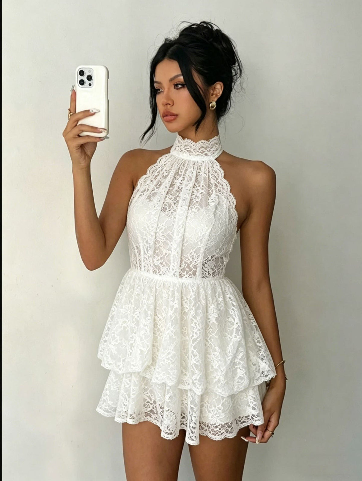 Lace Backless Halter Short Dress
