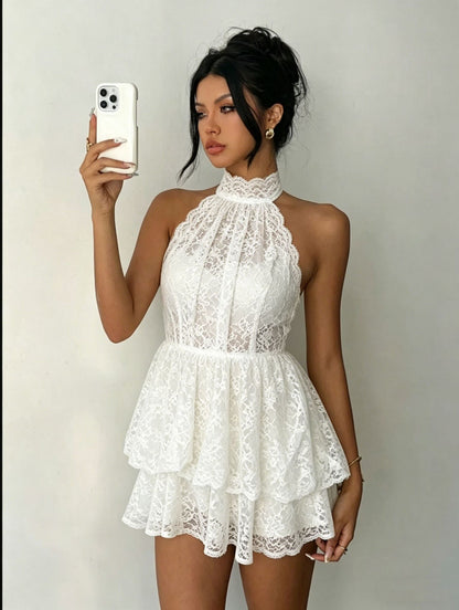 Lace Backless Halter Short Dress