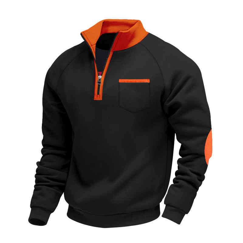 Men's Fleece-lined Heavy-duty Warm Zip-up Stand Collar Patchwork Stylish Casual Long-sleeve Sweatshirt