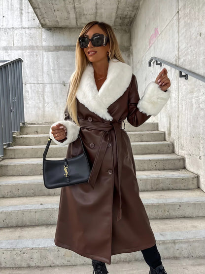 Manteau en cuir ample à lacets, col en fourrure et poches, style décontracté mode pour femme