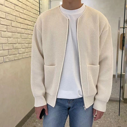 Cardigan tricoté zippé pour homme, doublé, col cheminée, pull, poches, manteau, toutes saisons, confortable, doux, manches longues