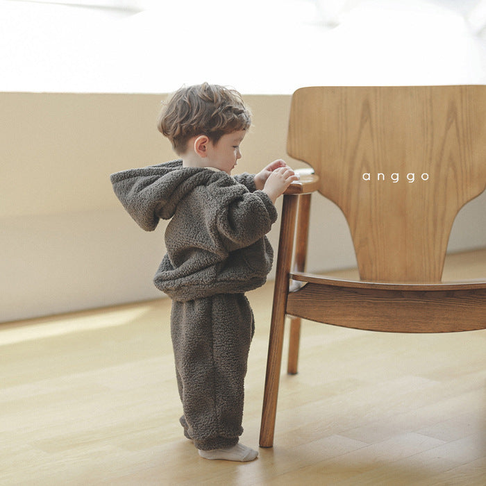 Combinaison en peluche douce pour enfants garçons et filles, pull à capuche chaud et épais, pantalon deux pièces