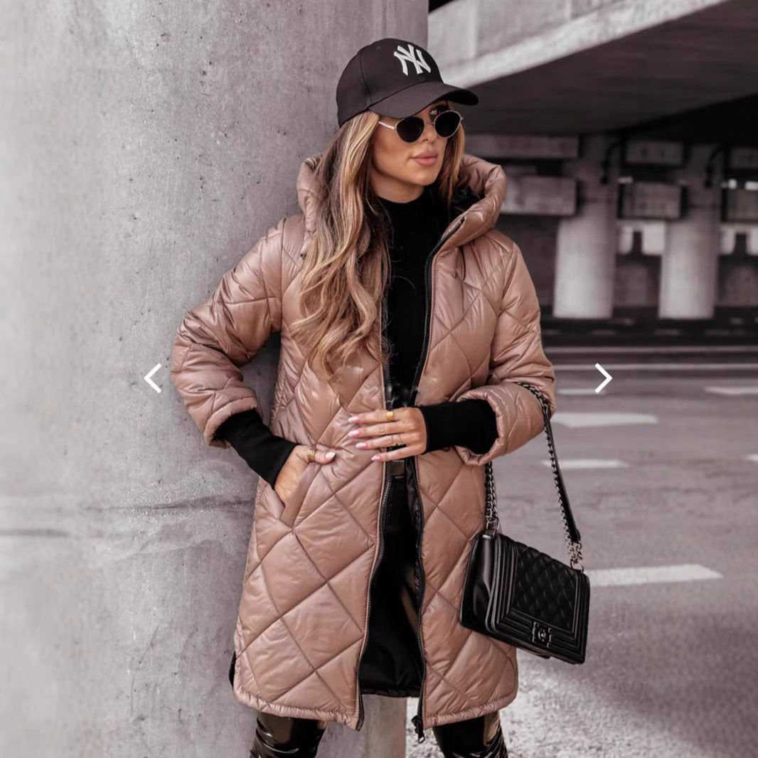 Veste d'hiver mi-longue à capuche en coton rembourré pour femme