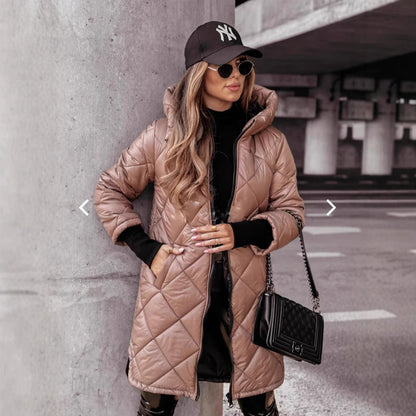 Veste d'hiver mi-longue à capuche en coton rembourré pour femme