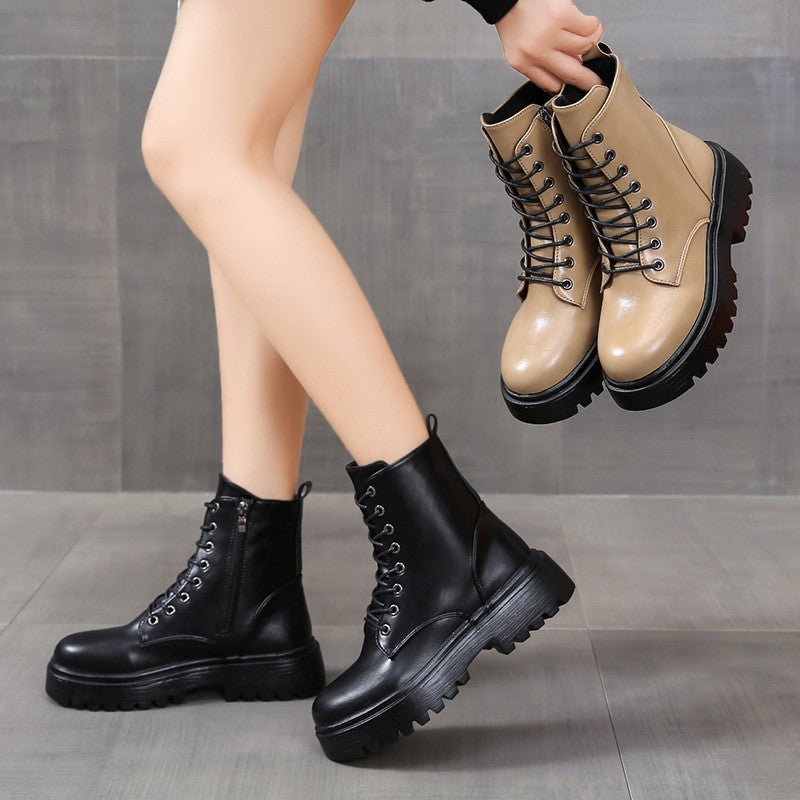 British Style Boots With Chunky Heels Women's Platform Lace-up