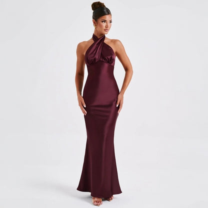 Robe élégante sans manches dos nu à la mode estivale tissu satinde couleur unie,  simplement magique robe longue.