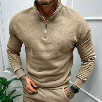 Sweat-shirt zippé de couleur unie pour homme, haut à manches longues doublé polaire, automne et hiver