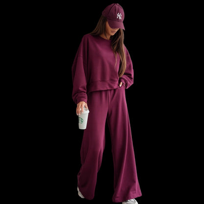 Autumn And Winter Round Neck Long Sleeve Wide Leg Pants Two-piece Set