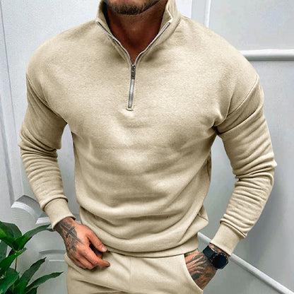 Sweat-shirt zippé de couleur unie pour homme, haut à manches longues doublé polaire, automne et hiver