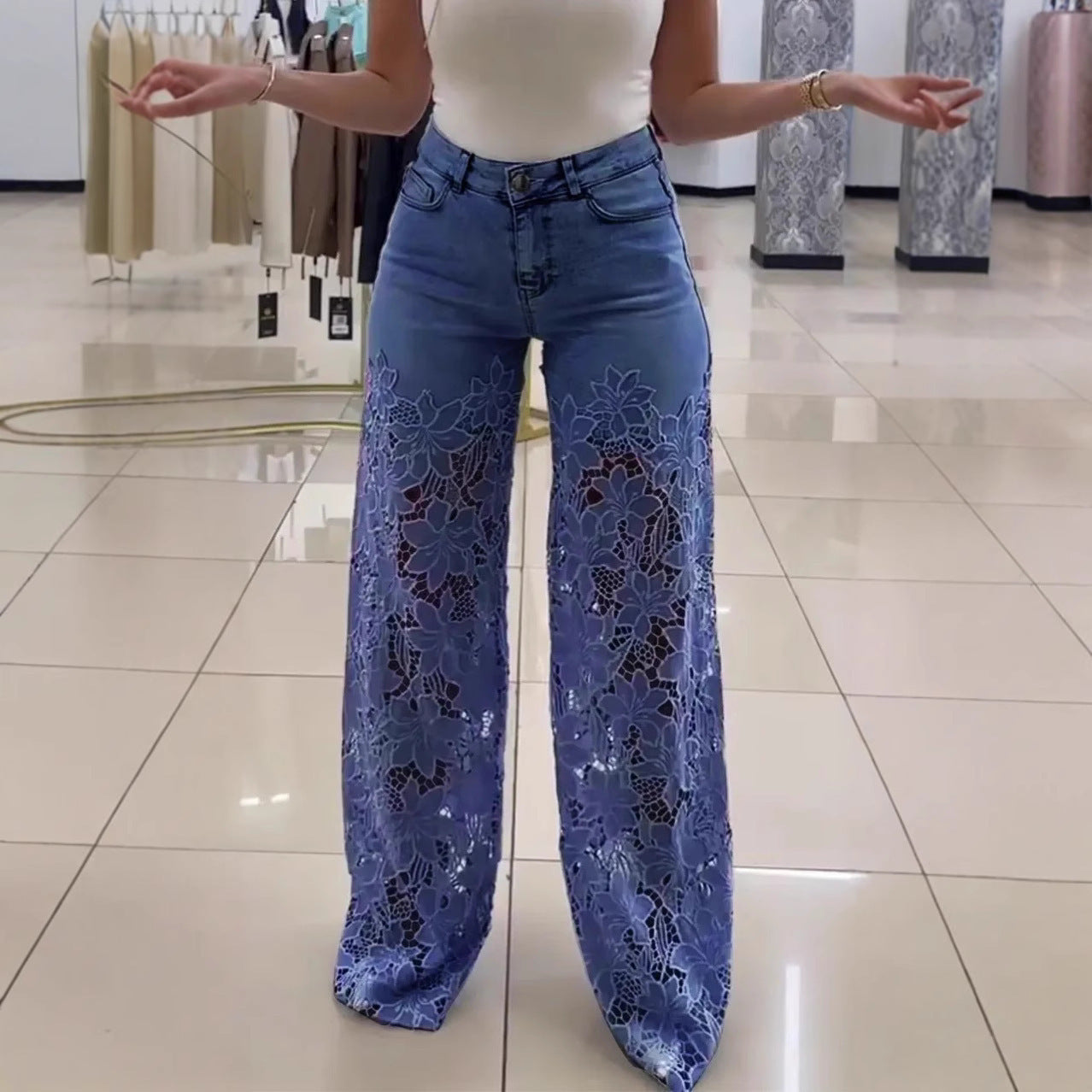 Jean ajouré à fleurs en dentelle Y2K, pantalon taille haute, coupe droite, jambes larges, couleur unie, vêtements pour femmes