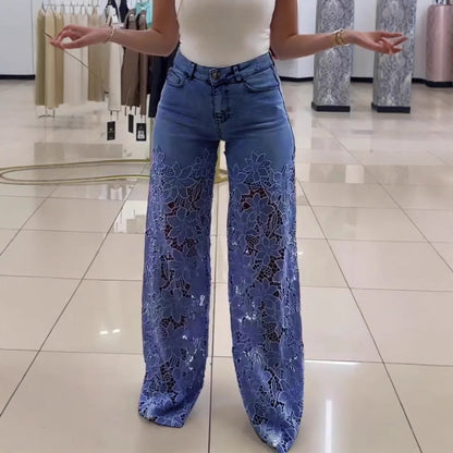 Jean ajouré à fleurs en dentelle Y2K, pantalon taille haute, coupe droite, jambes larges, couleur unie, vêtements pour femmes
