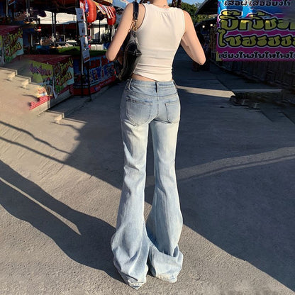 Pantalon taille basse style rétro américain à pattes d'éléphant, coupe slim, amincissant, extensible.