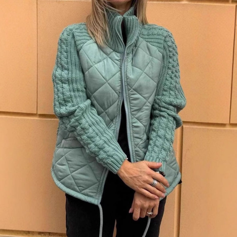 Veste en coton à col montant avec poches, manteau tendance en tricot avec fermeture éclair, hauts chauds d'hiver pour femmes