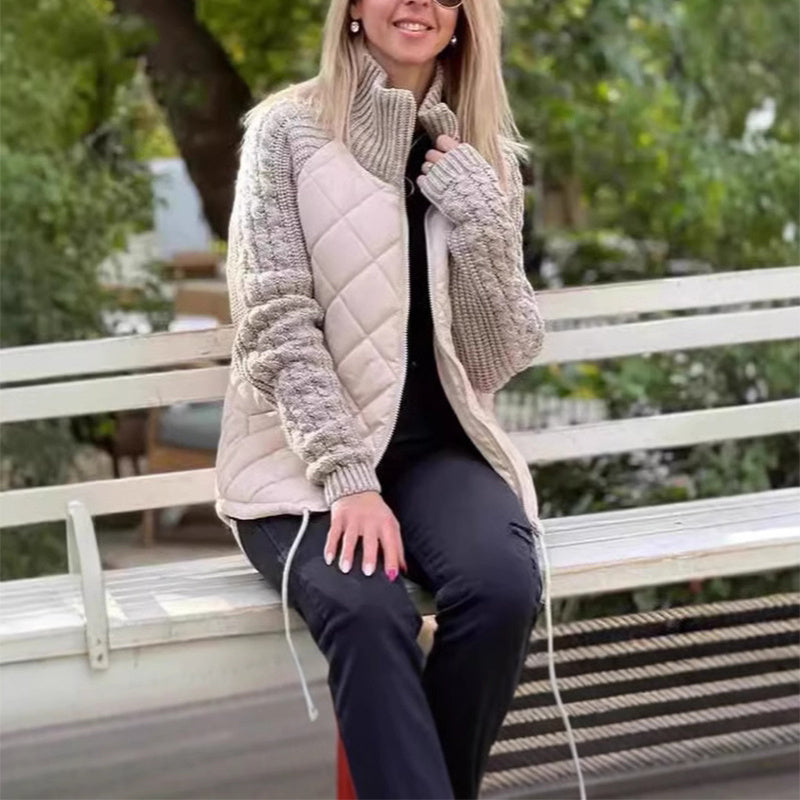 Veste en coton à col montant avec poches, manteau tendance en tricot avec fermeture éclair, hauts chauds d'hiver pour femmes