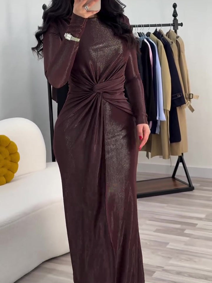 Metallic Maxi Dress With Twist Front Detail And Long Sleeves
