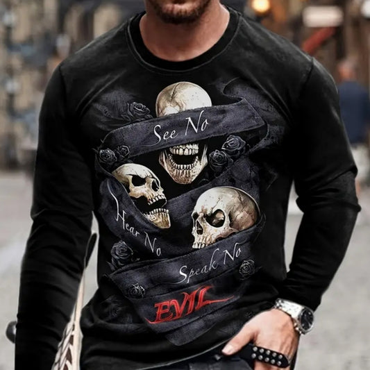 T-shirt rétro pour homme, imprimé 3D, style hip-hop, ample, col ras du cou, décontracté, manches longues
