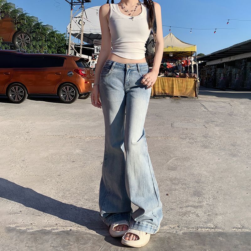 Pantalon taille basse style rétro américain à pattes d'éléphant, coupe slim, amincissant, extensible.