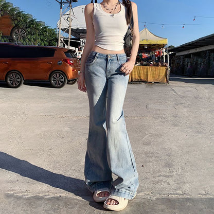 Pantalon taille basse style rétro américain à pattes d'éléphant, coupe slim, amincissant, extensible.