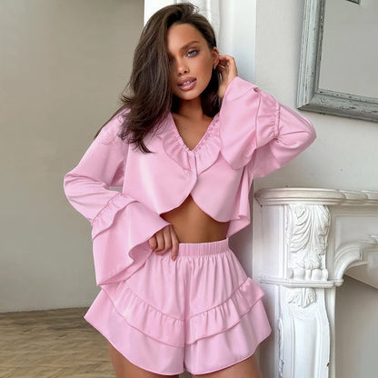 Womens Soft Ruffle-Trim Long-Sleeve Top And Shorts Set