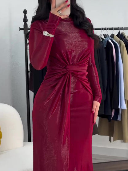 Metallic Maxi Dress With Twist Front Detail And Long Sleeves