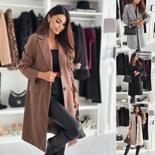 Manteau en laine à revers et boutonnage simple, veste longue d'hiver à manches longues, couleur unie, vêtements pour femmes bien lire la description pour choisir votre grandeur