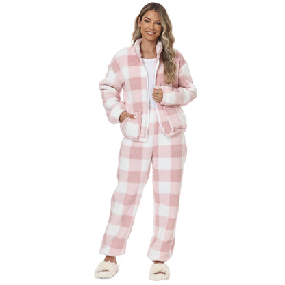 Ensemble chaud pour femme à carreaux roses et blancs très mignon.