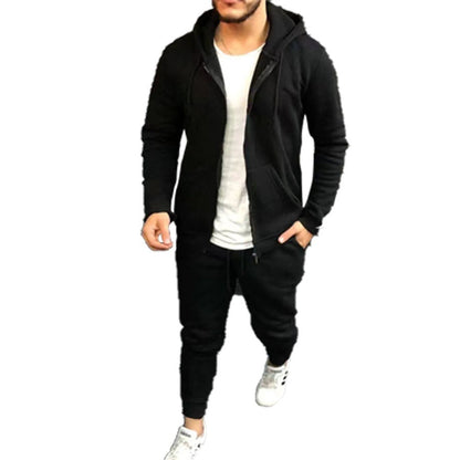 Mens Fashion Solid-Color Casual Hooded Cardigan Set