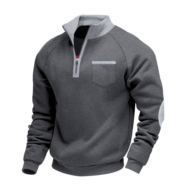 Men's Fleece-lined Heavy-duty Warm Zip-up Stand Collar Patchwork Stylish Casual Long-sleeve Sweatshirt