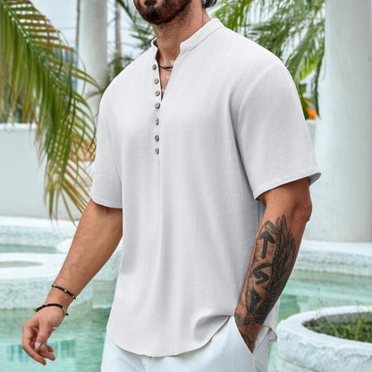Chemise d'été décontractée à manches courtes et col en V  pour homme, en coton et lin, à boutons multiples