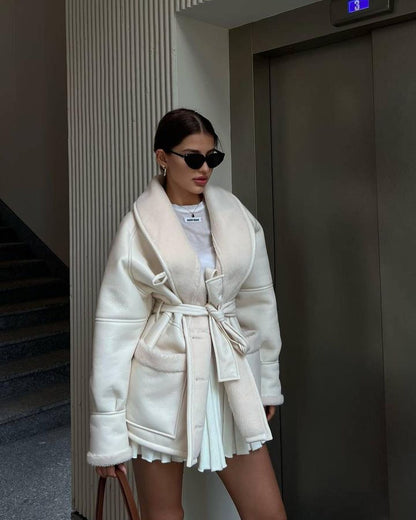 Manteau long en cuir et fourrure style coréen mode fashion