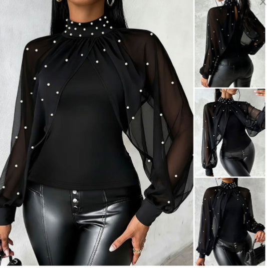 Womens Mesh Long-sleeve Thong Top With Puffed Sleeves And Beaded Detailing