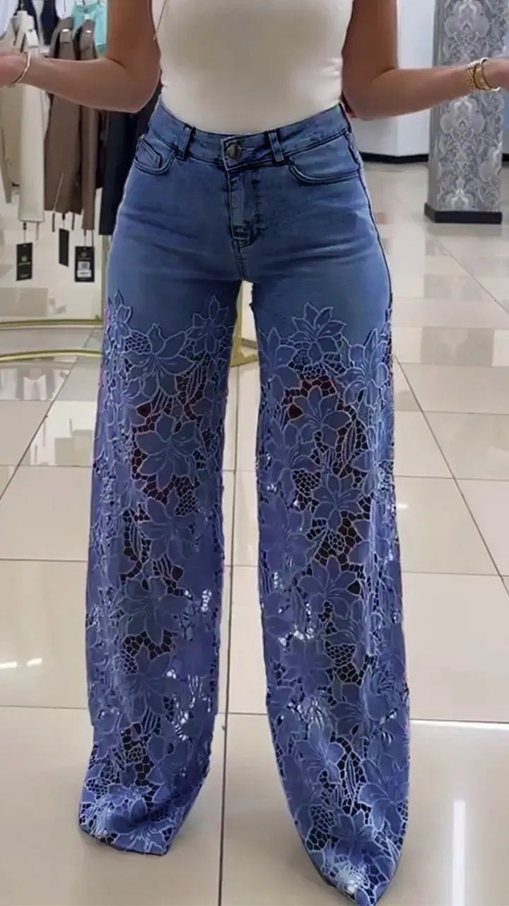 Jean ajouré à fleurs en dentelle Y2K, pantalon taille haute, coupe droite, jambes larges, couleur unie, vêtements pour femmes