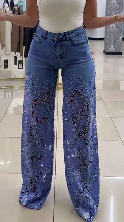 Jean ajouré à fleurs en dentelle Y2K, pantalon taille haute, coupe droite, jambes larges, couleur unie, vêtements pour femmes