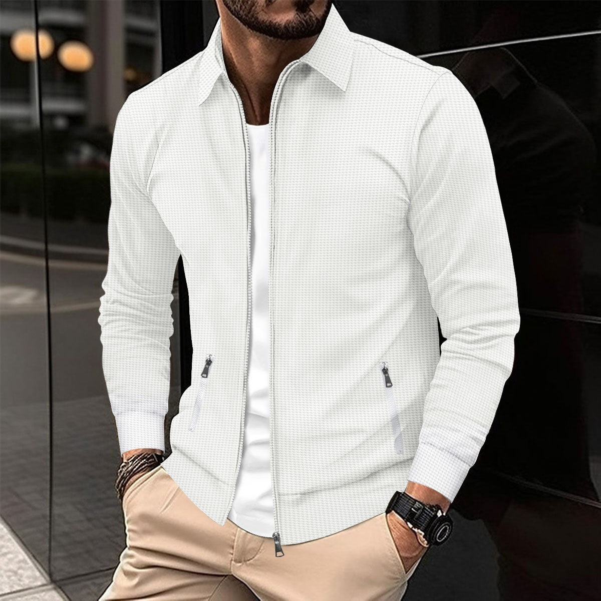 Cardigan gaufré à revers et poches zippées pour homme, coupe ajustée, printemps et automne
