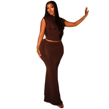 Slim-fit Pleated Fashionable Solid-color Skirt Suit