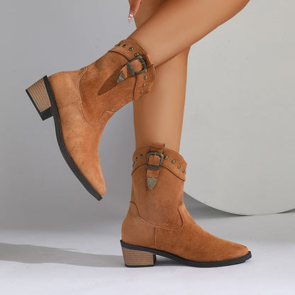 New Pointed Stitching Rivet Sleeve Women's Mid Boots