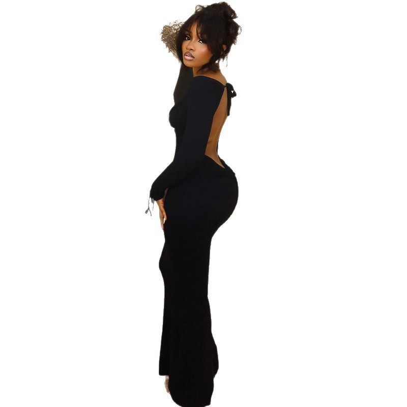 High-slit Backless V-neck Long-sleeved Bodycon Dress