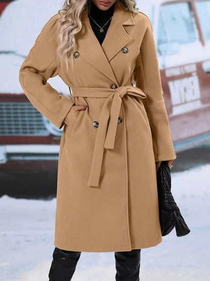 Trench-coat croisé à revers avec ceinture, mode hiver, veste longue couleur unie, vêtements d'extérieur pour femmes