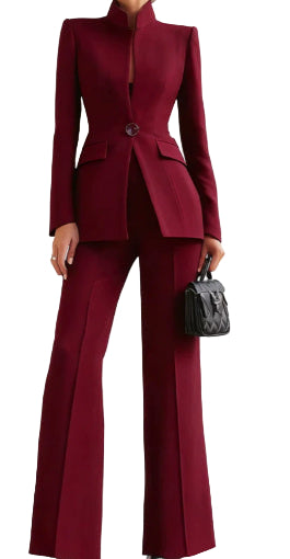 Long Sleeve Solid Color Pocket One Button Small Suit Two-piece Pants