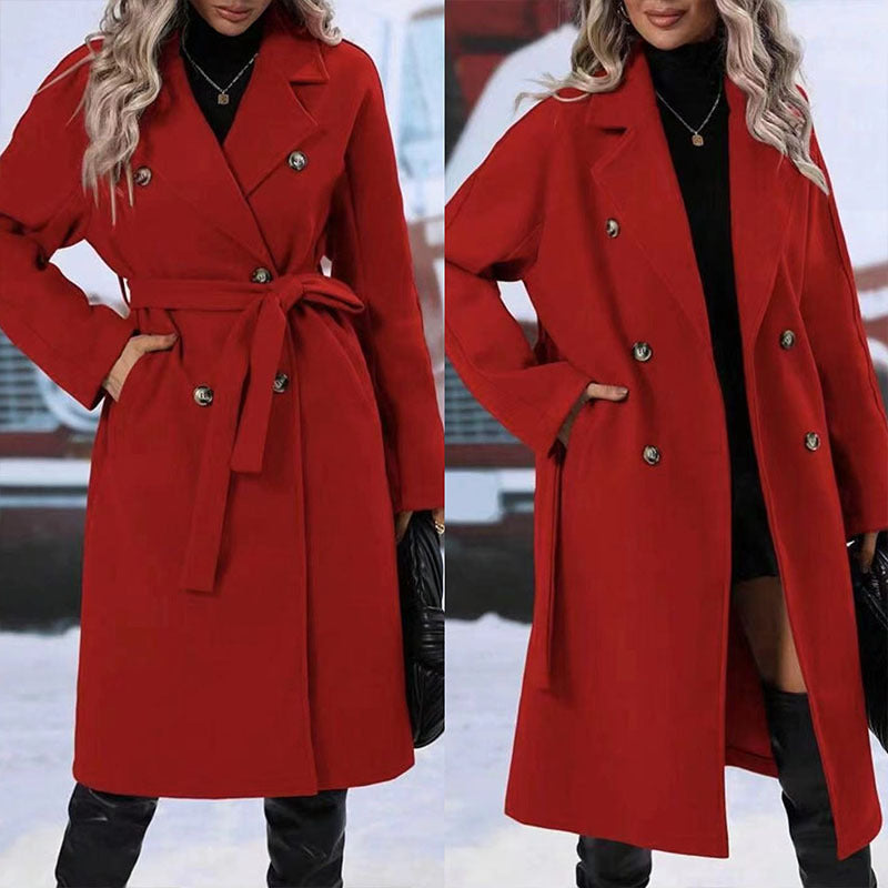 Trench-coat croisé à revers avec ceinture, mode hiver, veste longue couleur unie, vêtements d'extérieur pour femmes