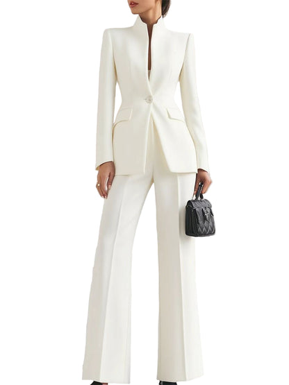 Long Sleeve Solid Color Pocket One Button Small Suit Two-piece Pants