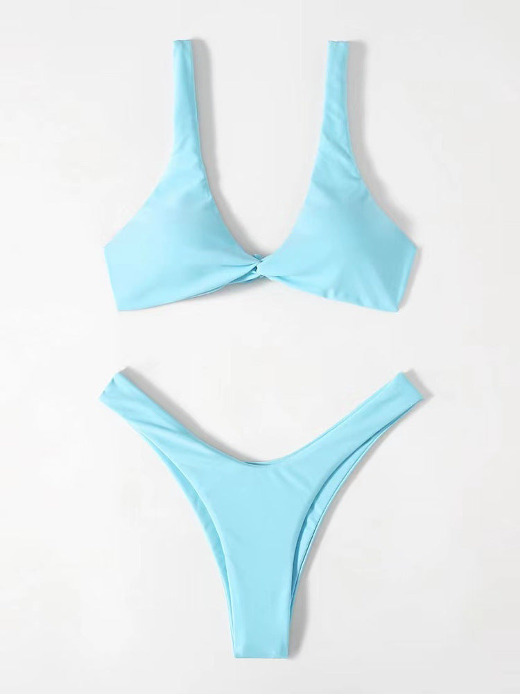 Pure Color Knotted Sexy High-footed Bikini Strap Split Swimsuit