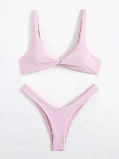 Pure Color Knotted Sexy High-footed Bikini Strap Split Swimsuit